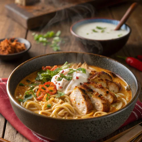 Fiery Chicken Ramen with Creamy Garlic Sauce