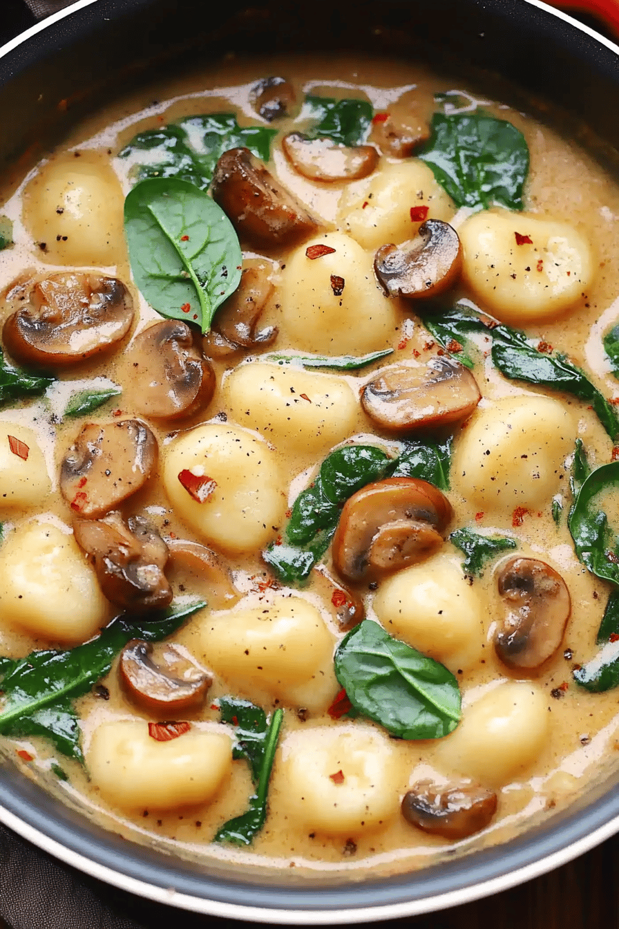 Creamy Spinach Mushroom Gnocchi Final Dish Presentation