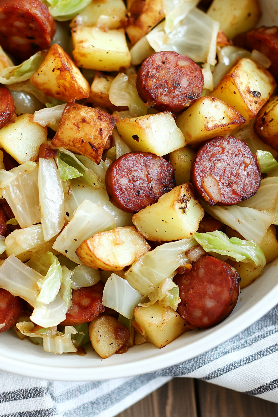 Kielbasa Cabbage Potato Skillet Final Dish Presentation