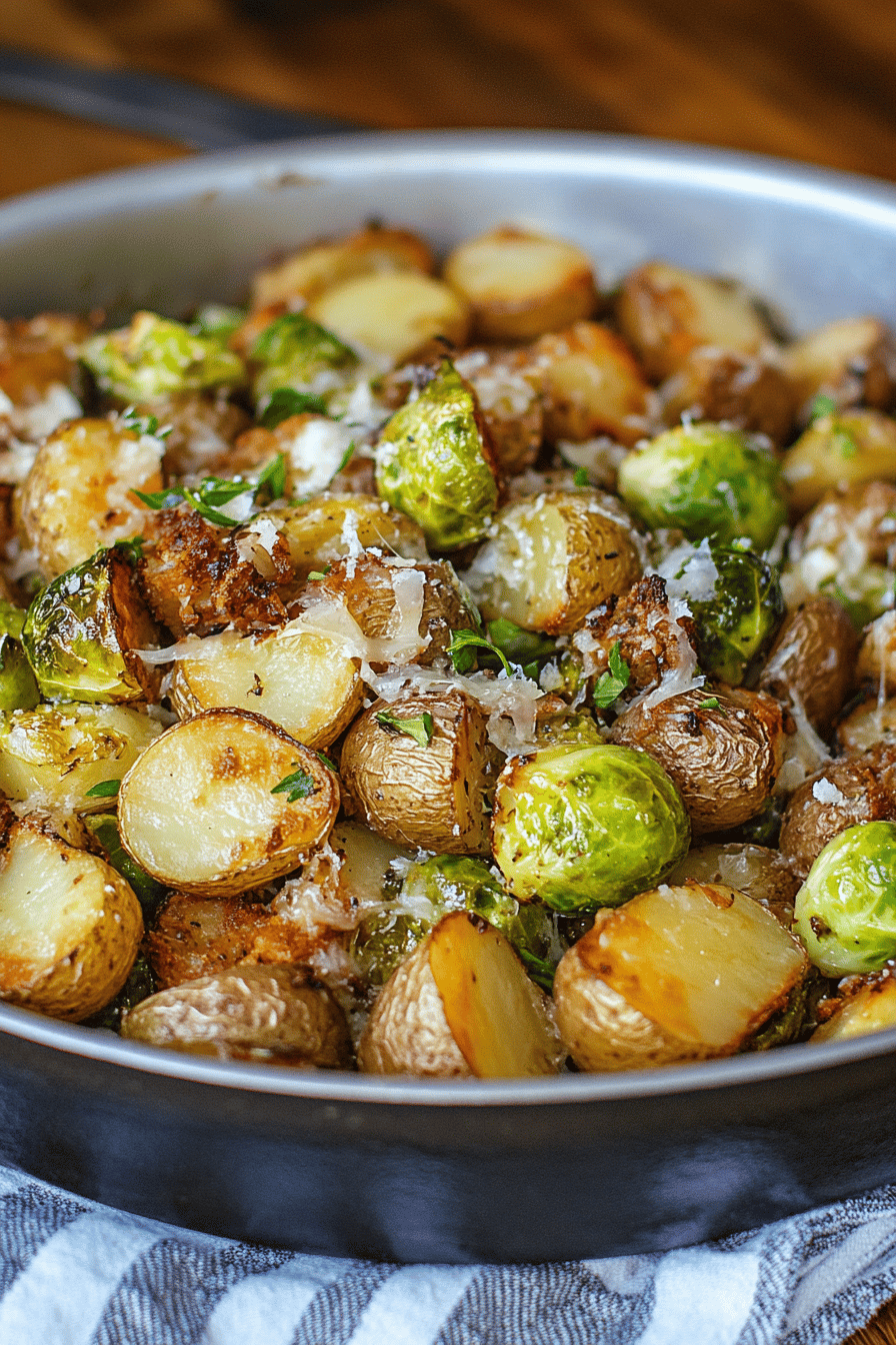 Roasted Potatoes Brussels Sprouts Final Dish Presentation