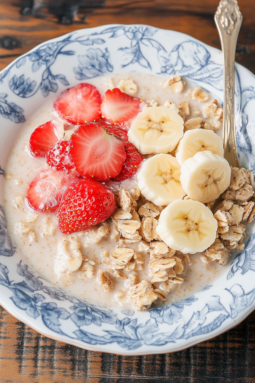 Strawberry Banana Pecan Oatmeal Final Dish Presentation