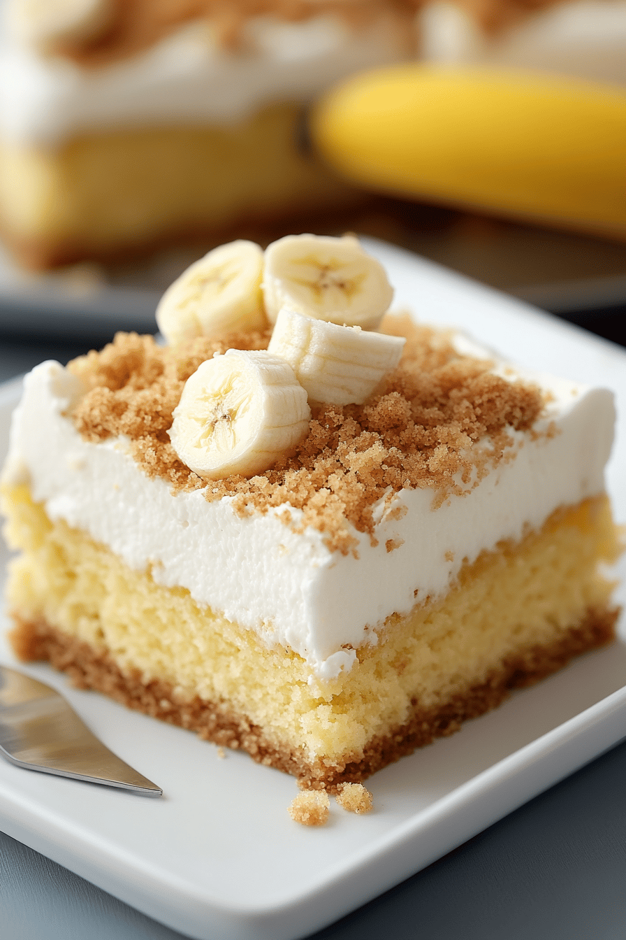 Banana Pudding Poke Cake final dish beautifully presented and ready to serve