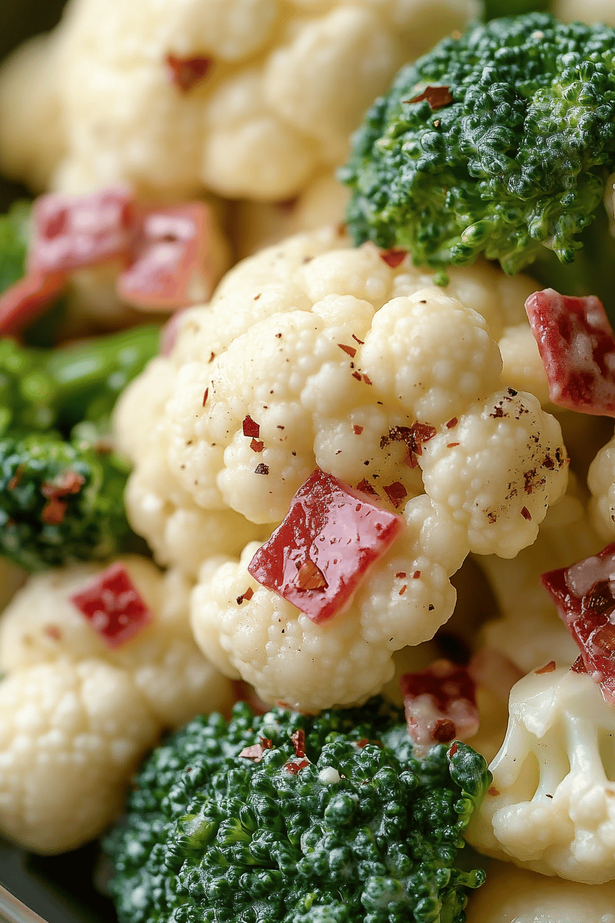 Broccoli Cauliflower Salad ingredients organized and measured on kitchen counter