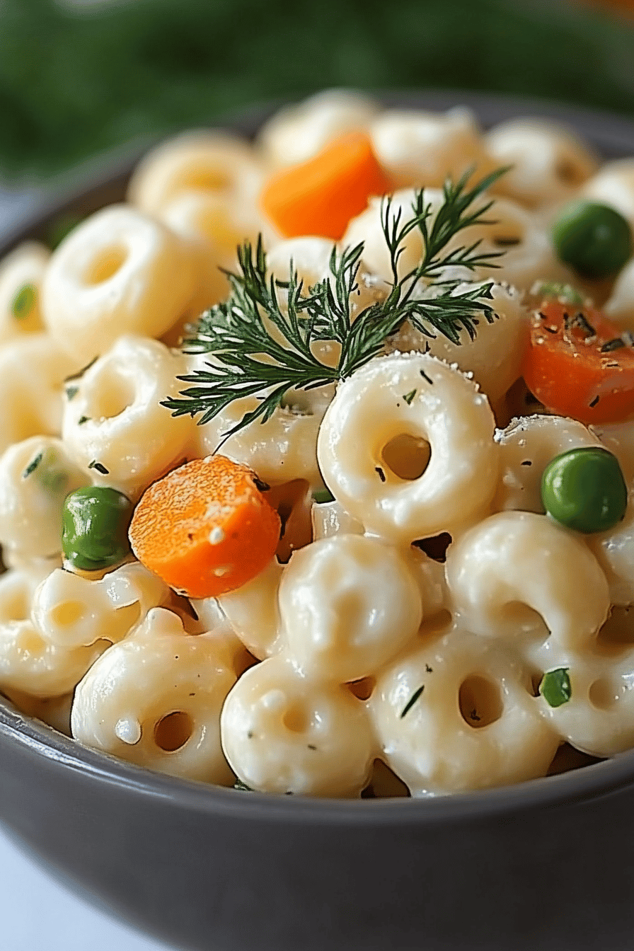 Dill Pickle Macaroni Salad final dish beautifully presented and ready to serve
