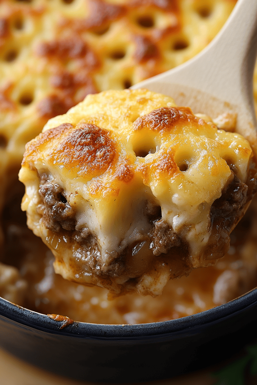 French Onion Beef Casserole final dish beautifully presented and ready to serve