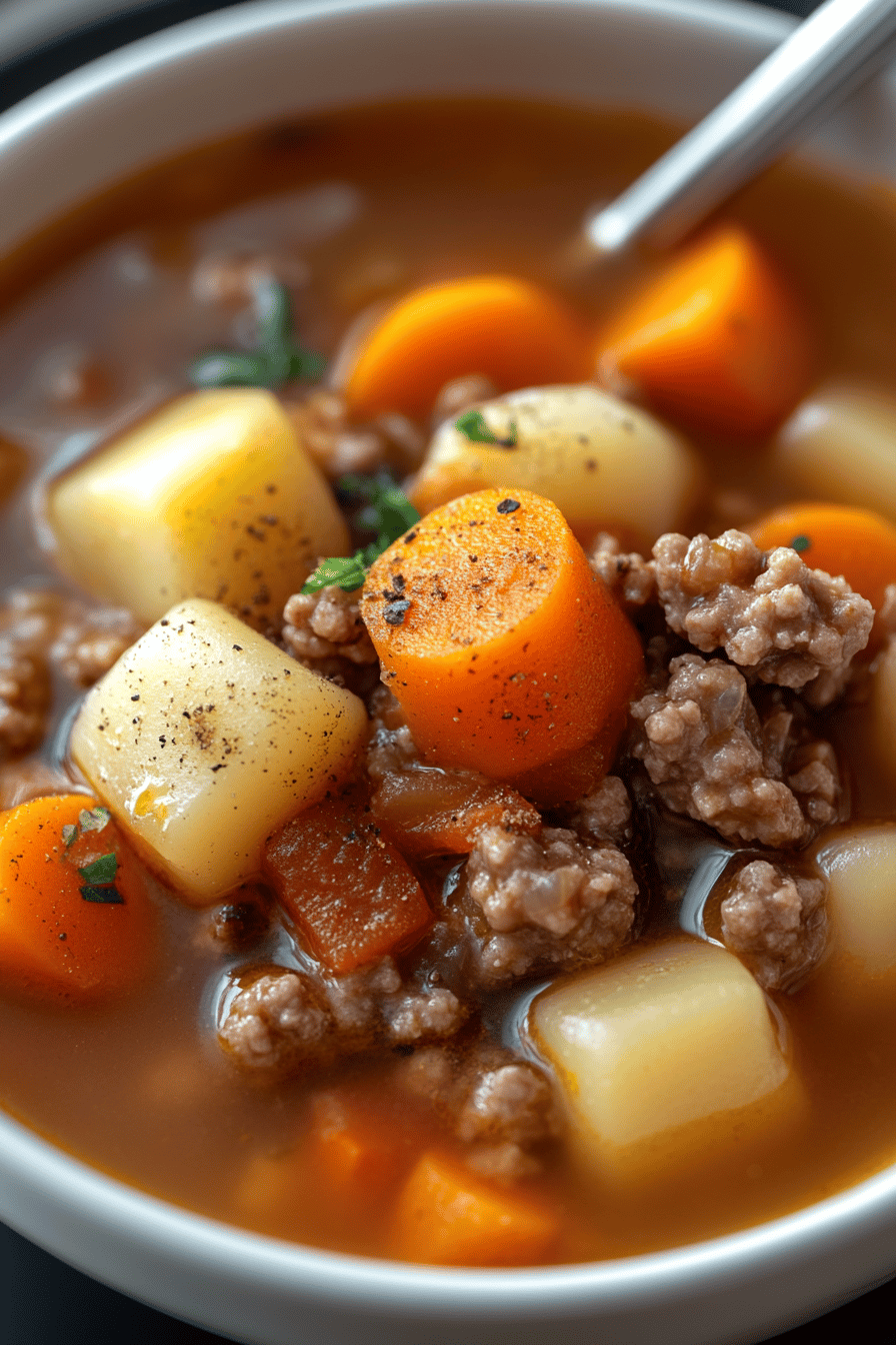 Hamburger Stew Recipe ingredients organized and measured on kitchen counter