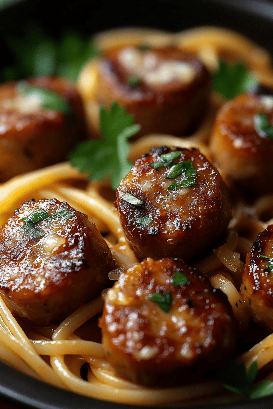 Honey Garlic Sausage Pasta final dish beautifully presented and ready to serve