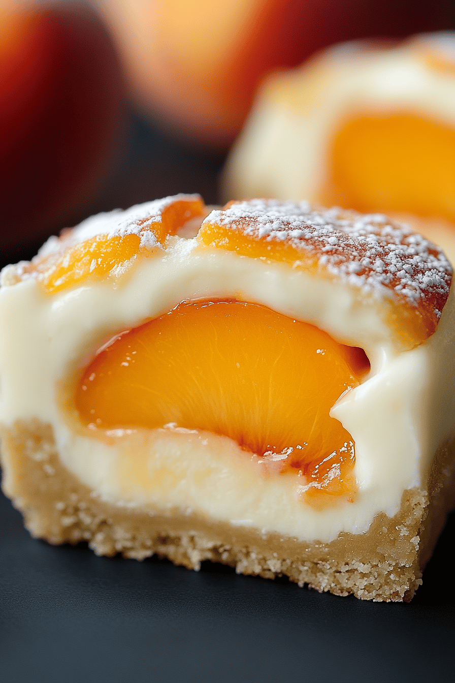 Peaches and Cream Cheesecake Bars final dish beautifully presented and ready to serve