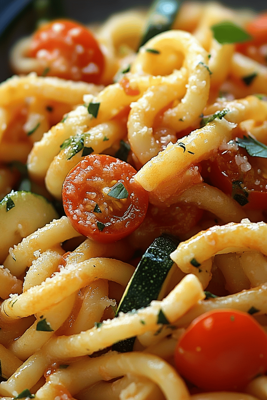 Tomato Zucchini Pasta final dish beautifully presented and ready to serve