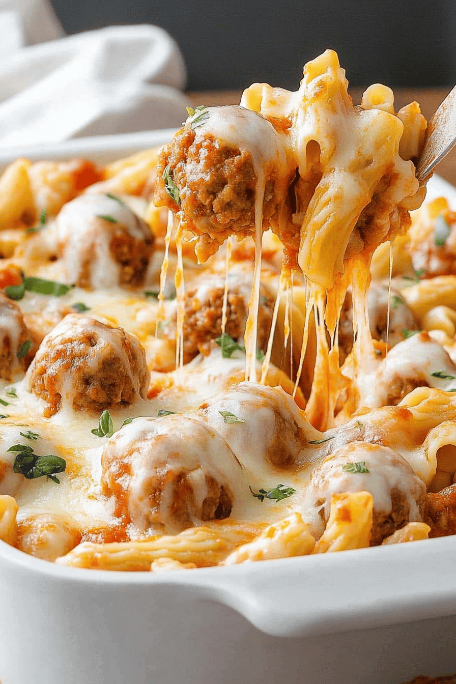 7-Layer Meatball Casserole final dish beautifully presented and ready to serve