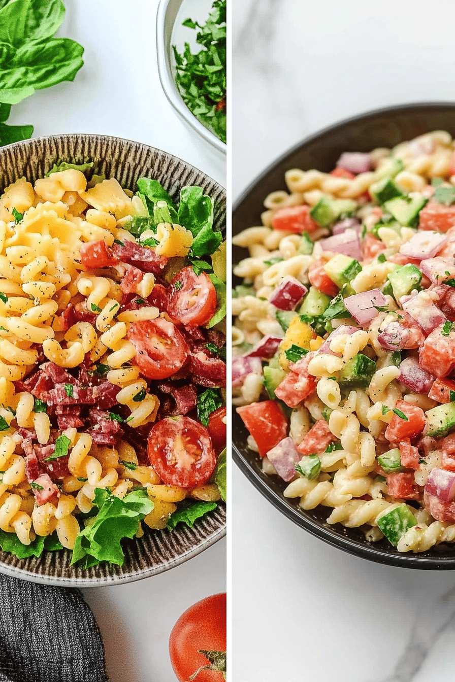 BLT Pasta Salad ingredients organized and measured on kitchen counter