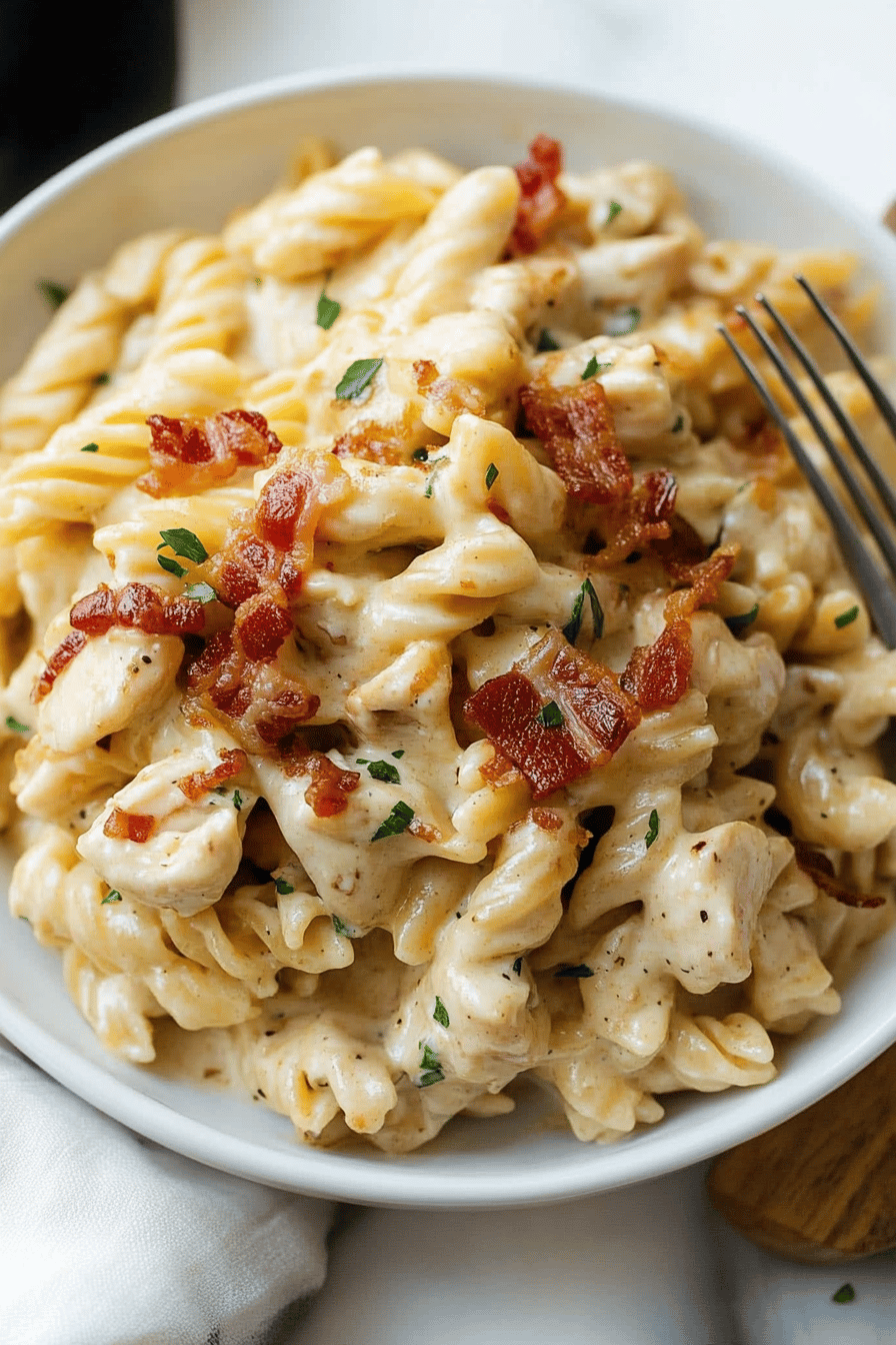 Bacon Ranch Chicken Pasta final dish beautifully presented and ready to serve