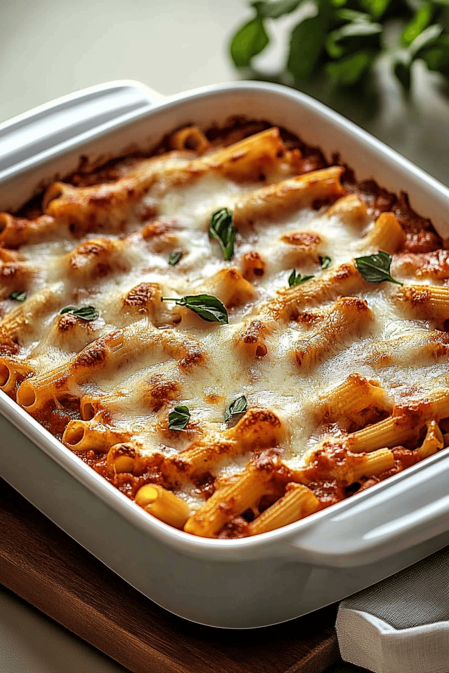 Baked Mostaccioli Tips final dish beautifully presented and ready to serve