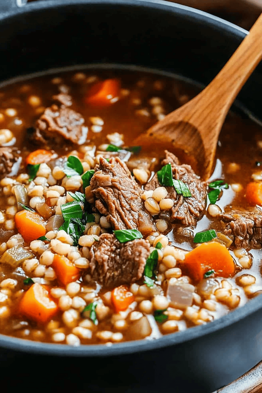 Beef and Barley Soup final dish beautifully presented and ready to serve