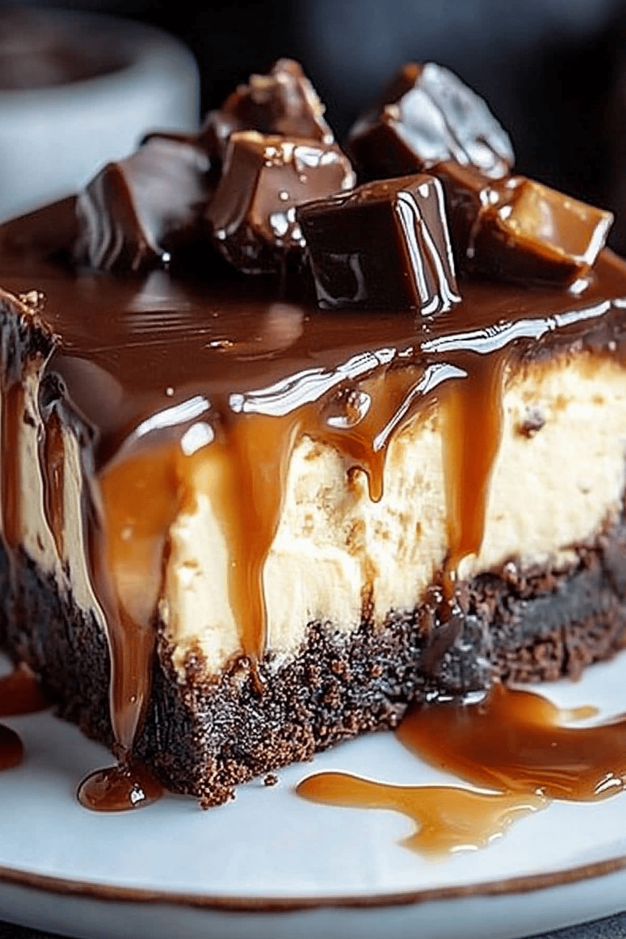 Caramel Brownie Cheesecake final dish beautifully presented and ready to serve