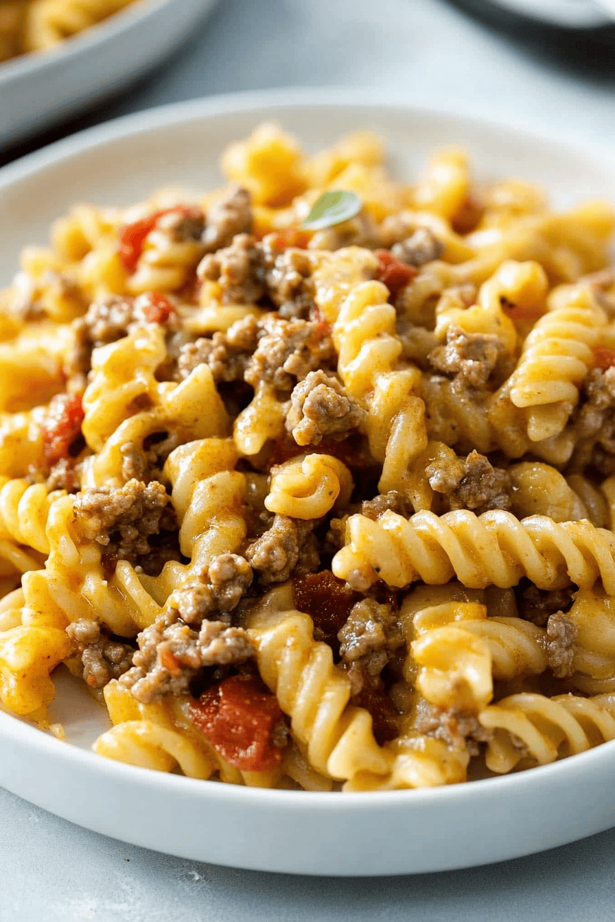 Cheeseburger Pasta Recipe ingredients organized and measured on kitchen counter