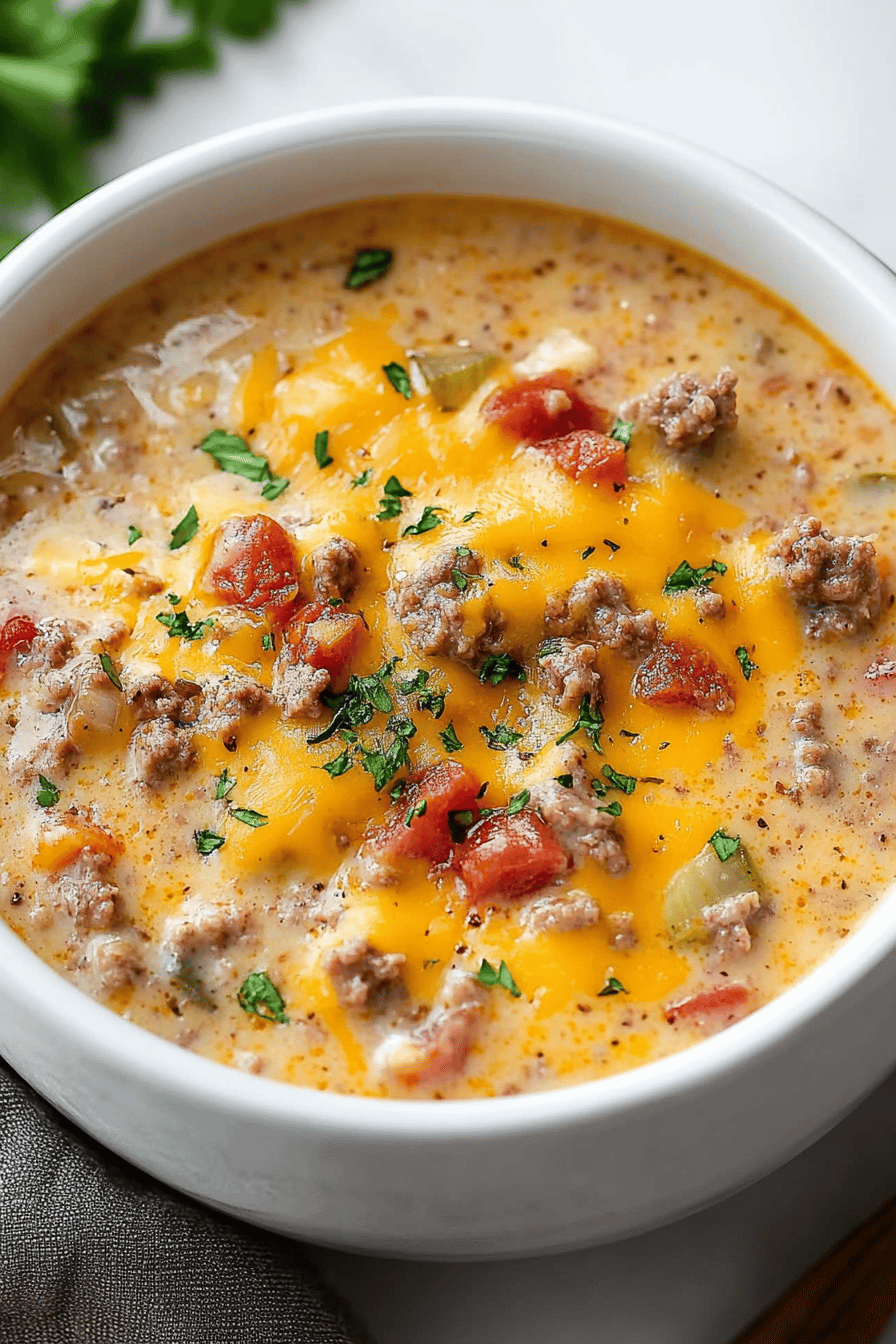 Cheeseburger Soup Recipe final dish beautifully presented and ready to serve