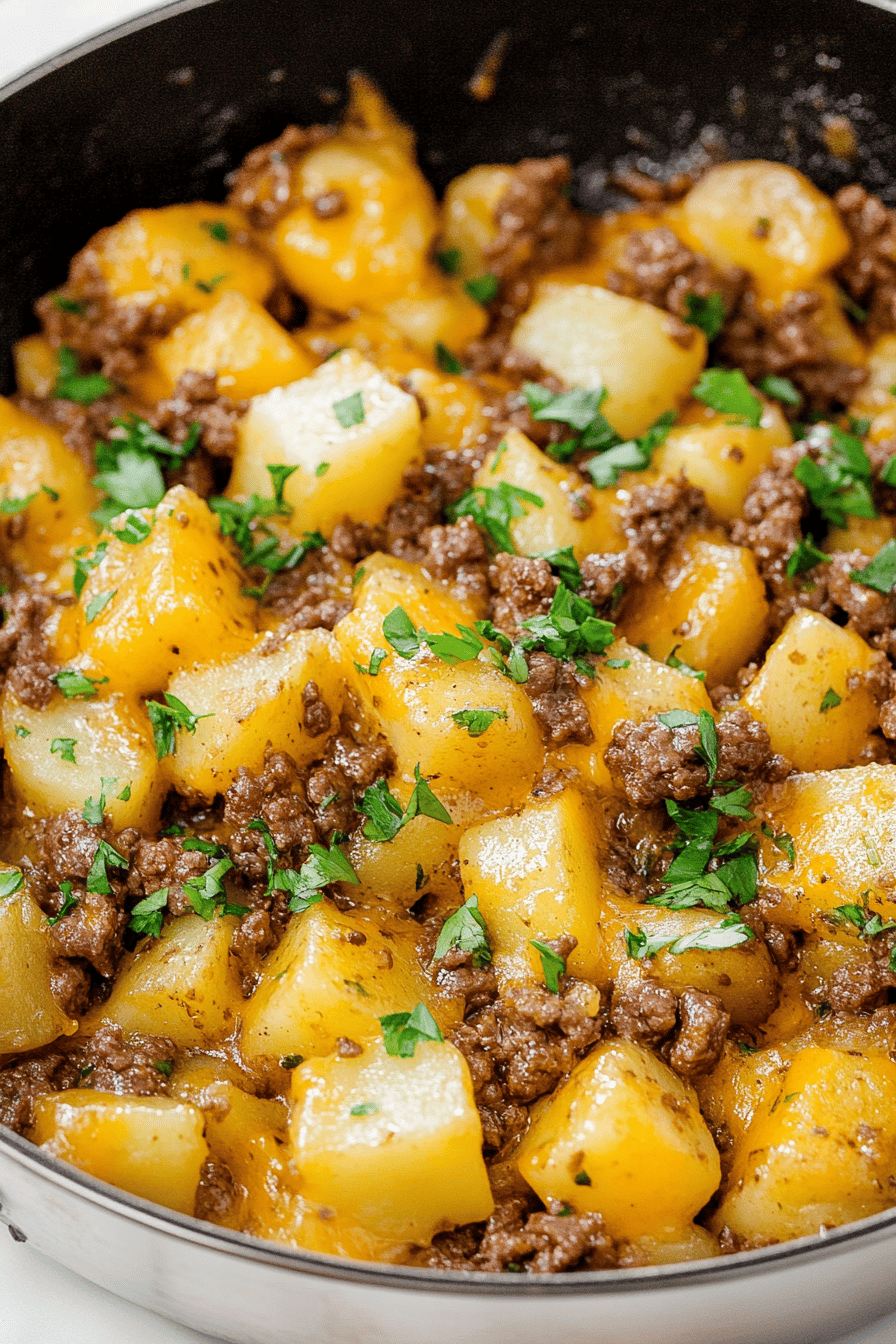 Cheesy Beef and Potatoes Skillet ingredients organized and measured on kitchen counter