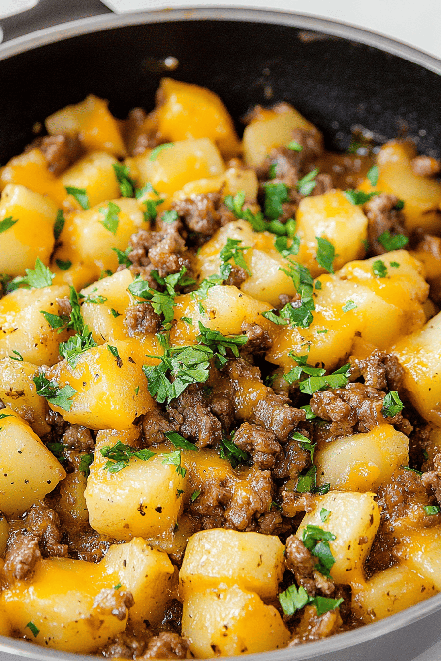 Cheesy Beef and Potatoes Skillet slice on plate showing perfect texture and swirl pattern