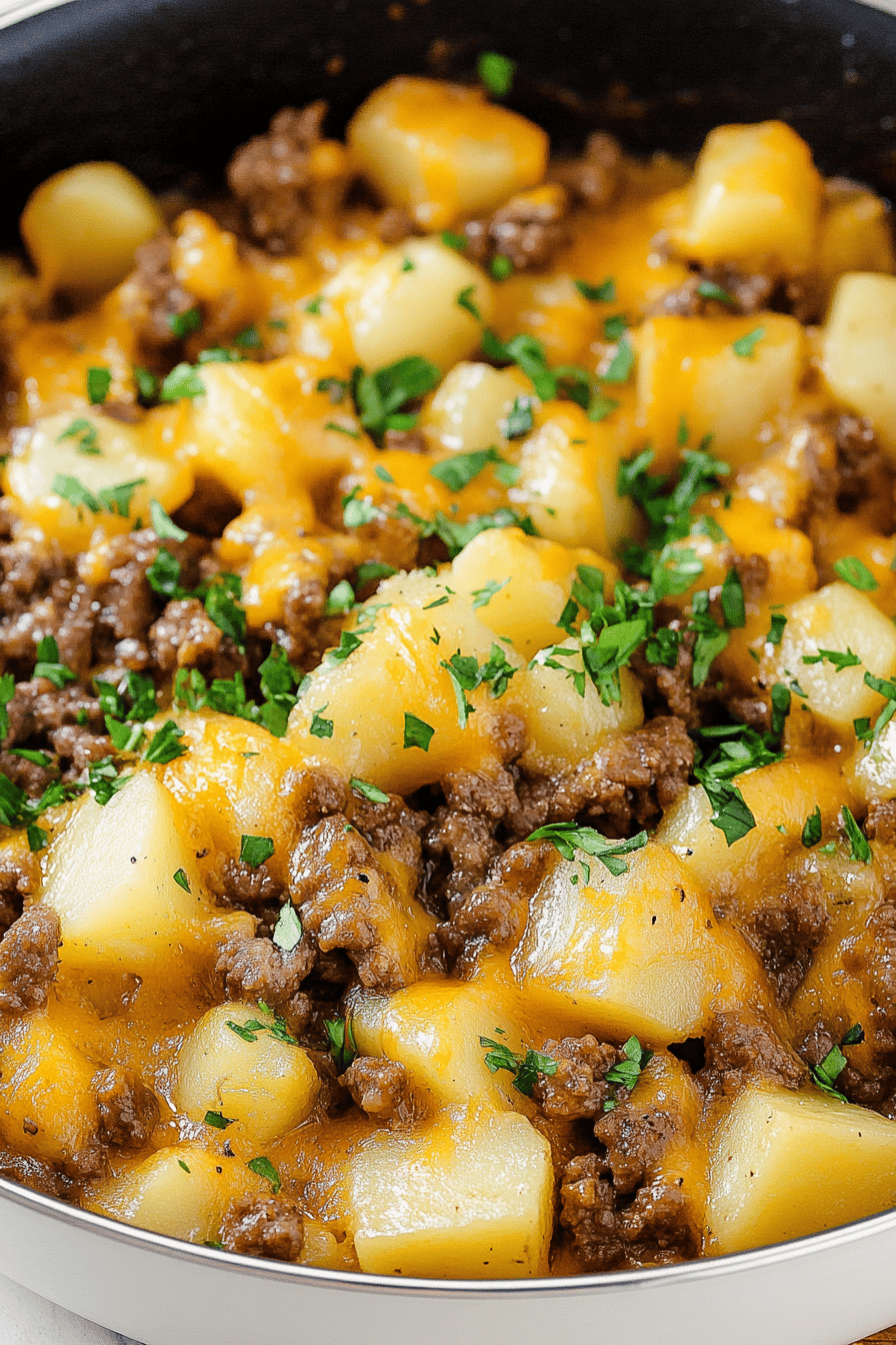Cheesy Beef and Potatoes Skillet final dish beautifully presented and ready to serve