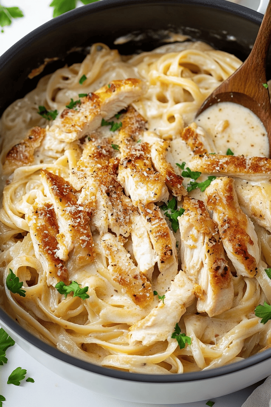 Chicken Alfredo Pasta final dish beautifully presented and ready to serve