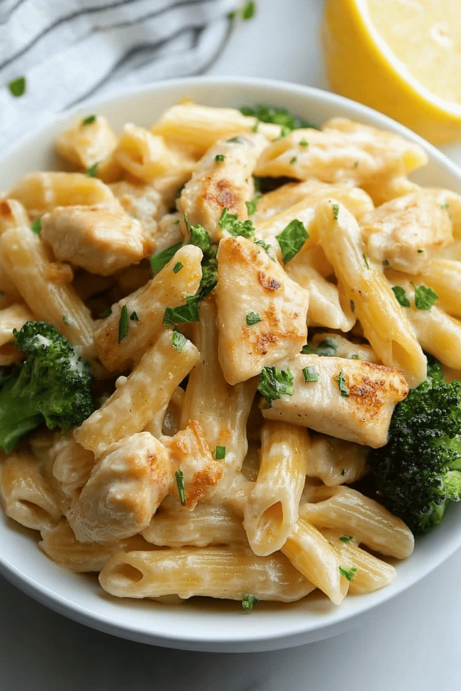 Chicken Broccoli Pasta final dish beautifully presented and ready to serve