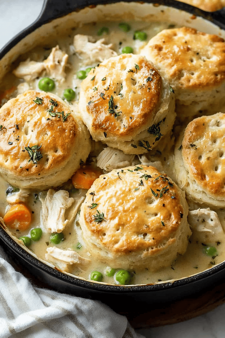 Chicken Pot Pie with Biscuits final dish beautifully presented and ready to serve
