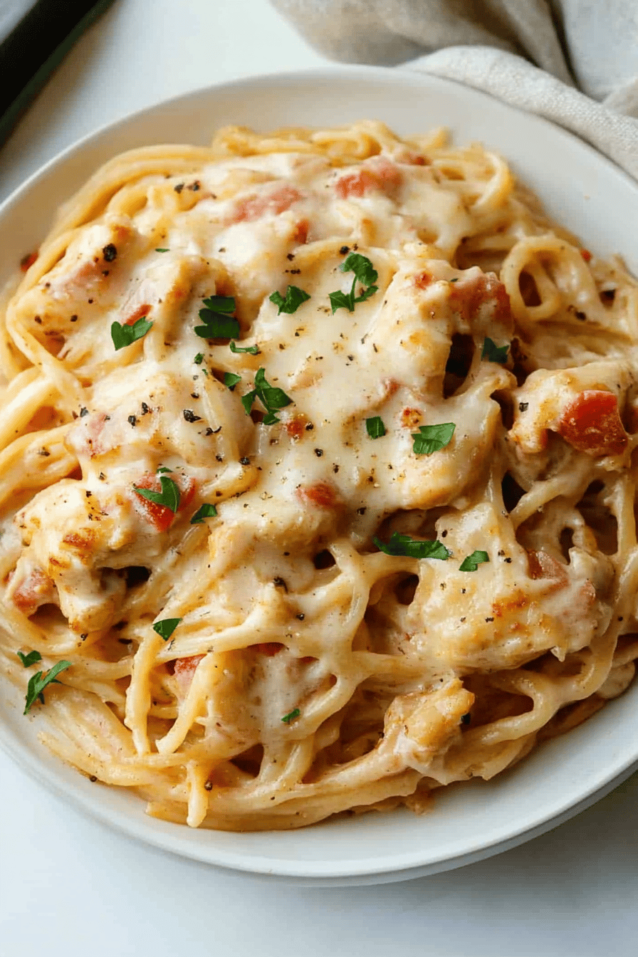 Chicken Spaghetti Tips final dish beautifully presented and ready to serve