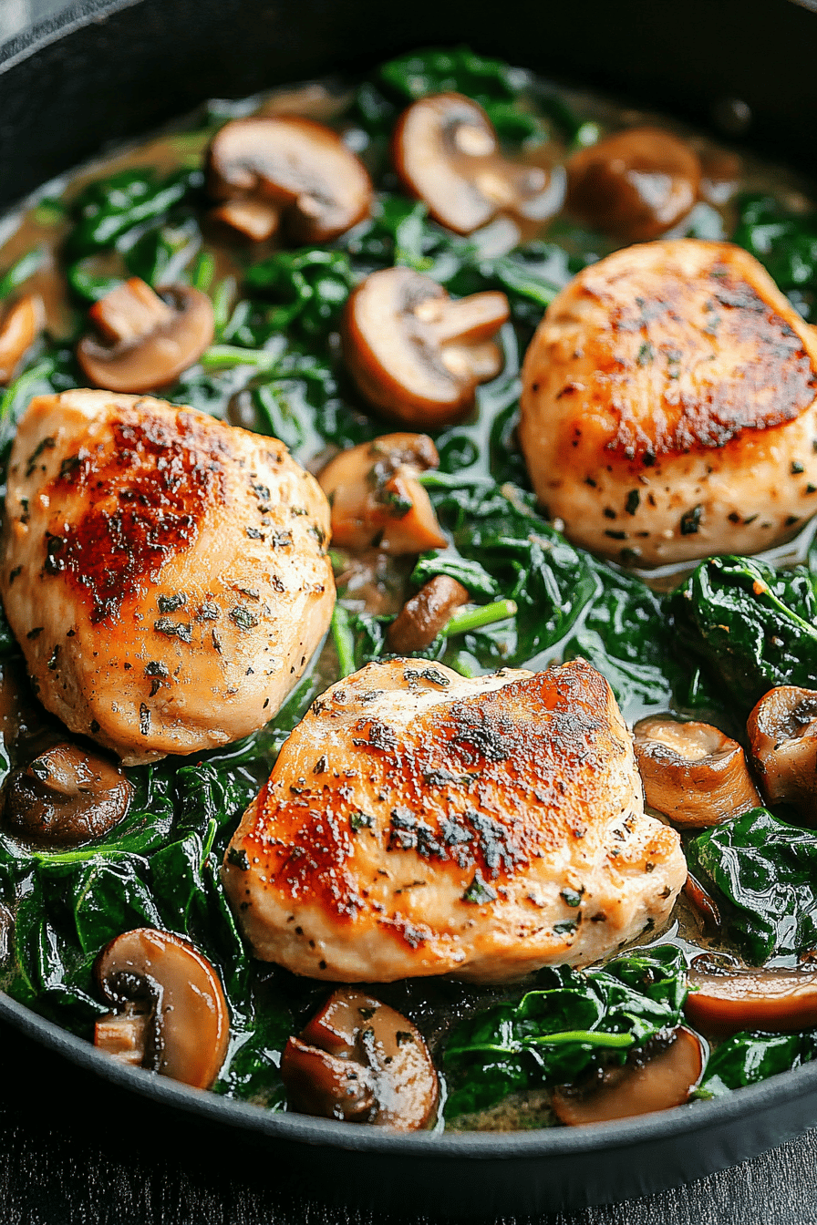 Chicken Spinach Mushroom Skillet final dish beautifully presented and ready to serve