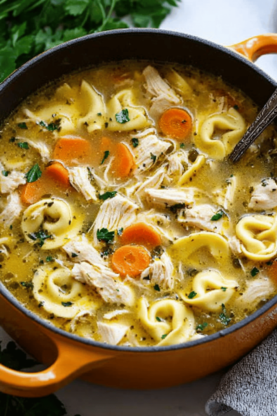 Chicken Tortellini Soup slice on plate showing perfect texture and swirl pattern