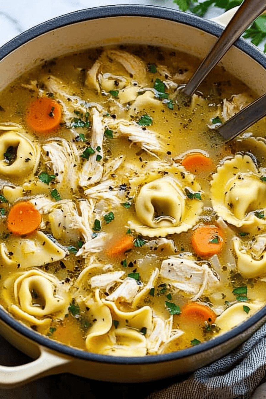 Chicken Tortellini Soup final dish beautifully presented and ready to serve