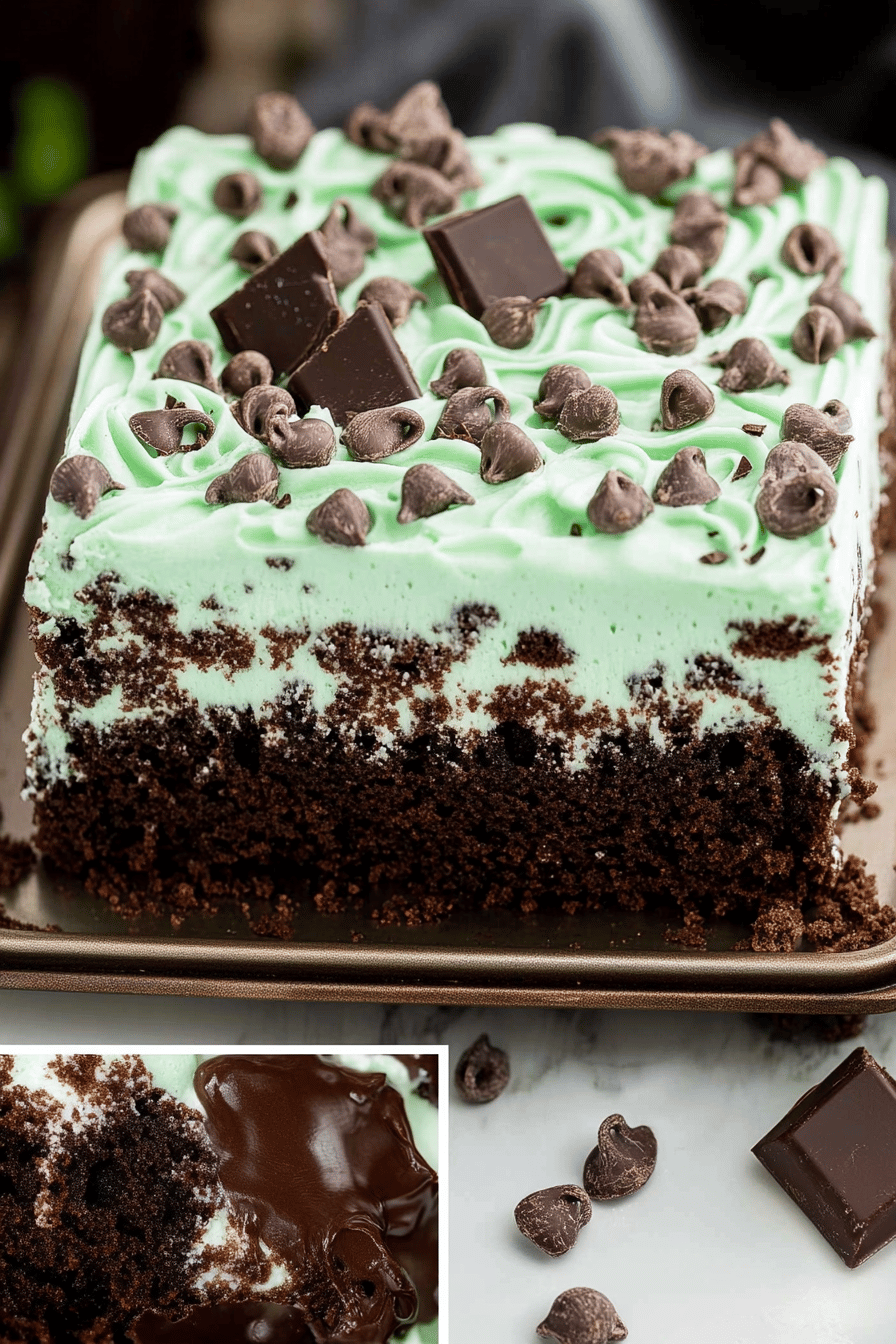 Chocolate Mint Poke Cake slice on plate showing perfect texture and swirl pattern