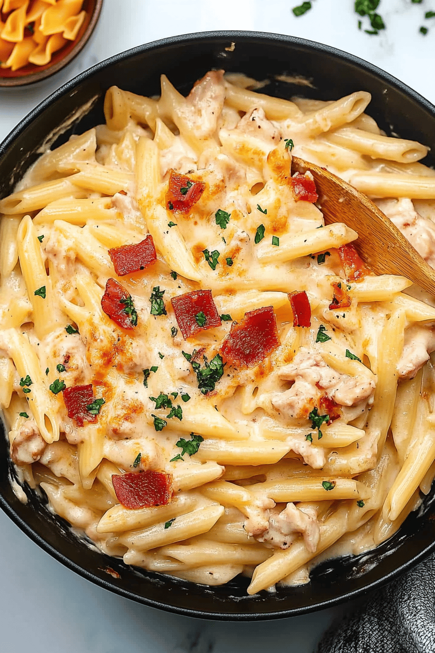 Crack Chicken Penne final dish beautifully presented and ready to serve