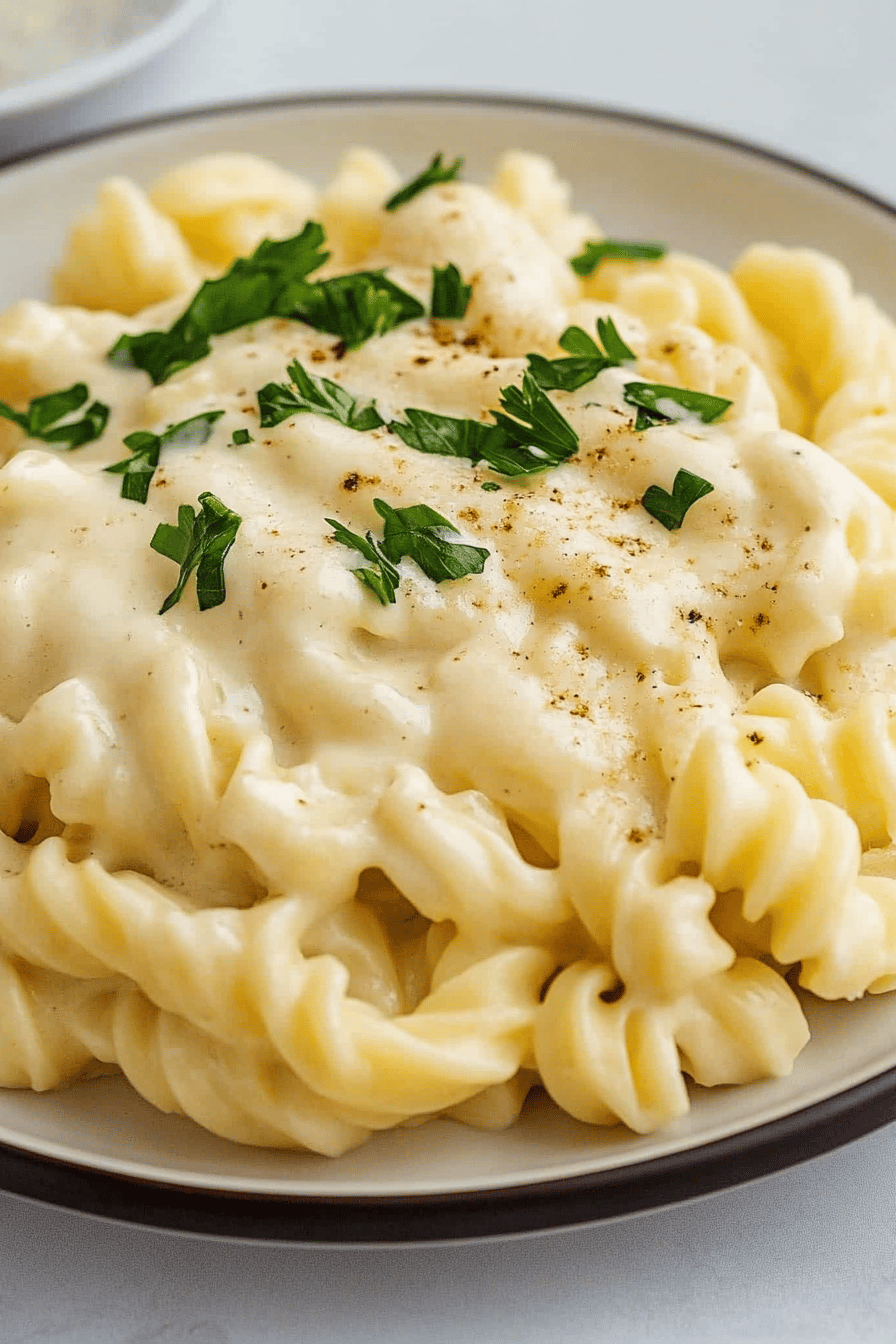 Cream Cheese Garlic Alfredo Sauce final dish beautifully presented and ready to serve