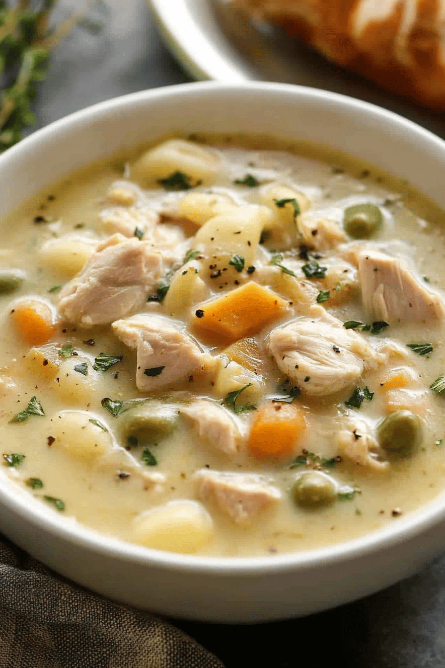 Crock Pot Chicken Stew slice on plate showing perfect texture and swirl pattern
