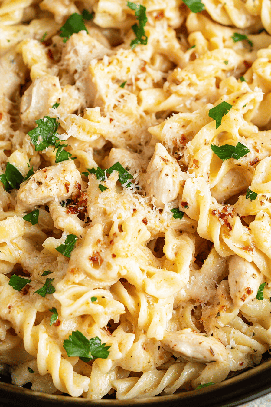 Crockpot Garlic Parmesan Chicken Pasta final dish beautifully presented and ready to serve