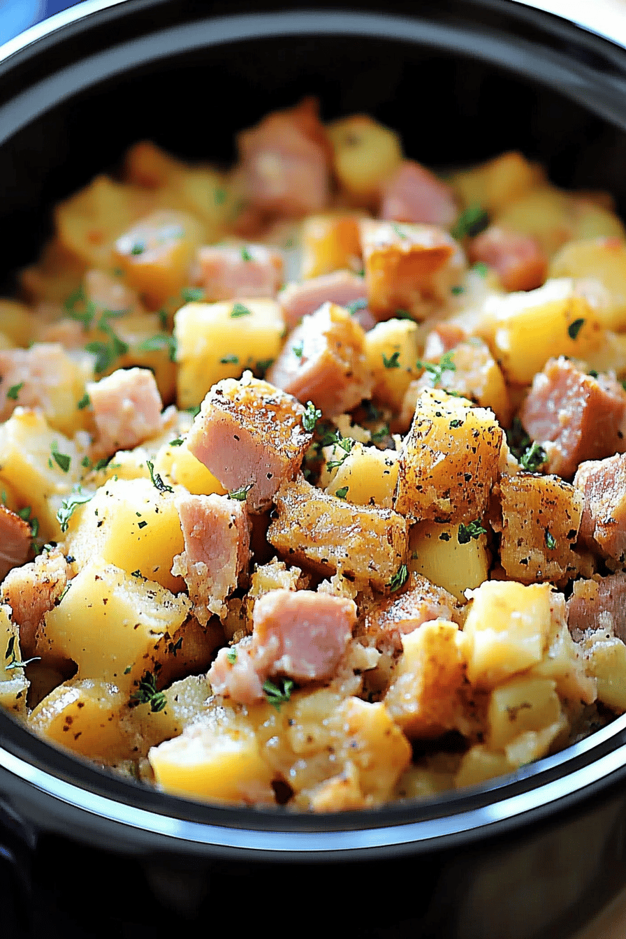 Crockpot Ham and Potato Casserole final dish beautifully presented and ready to serve