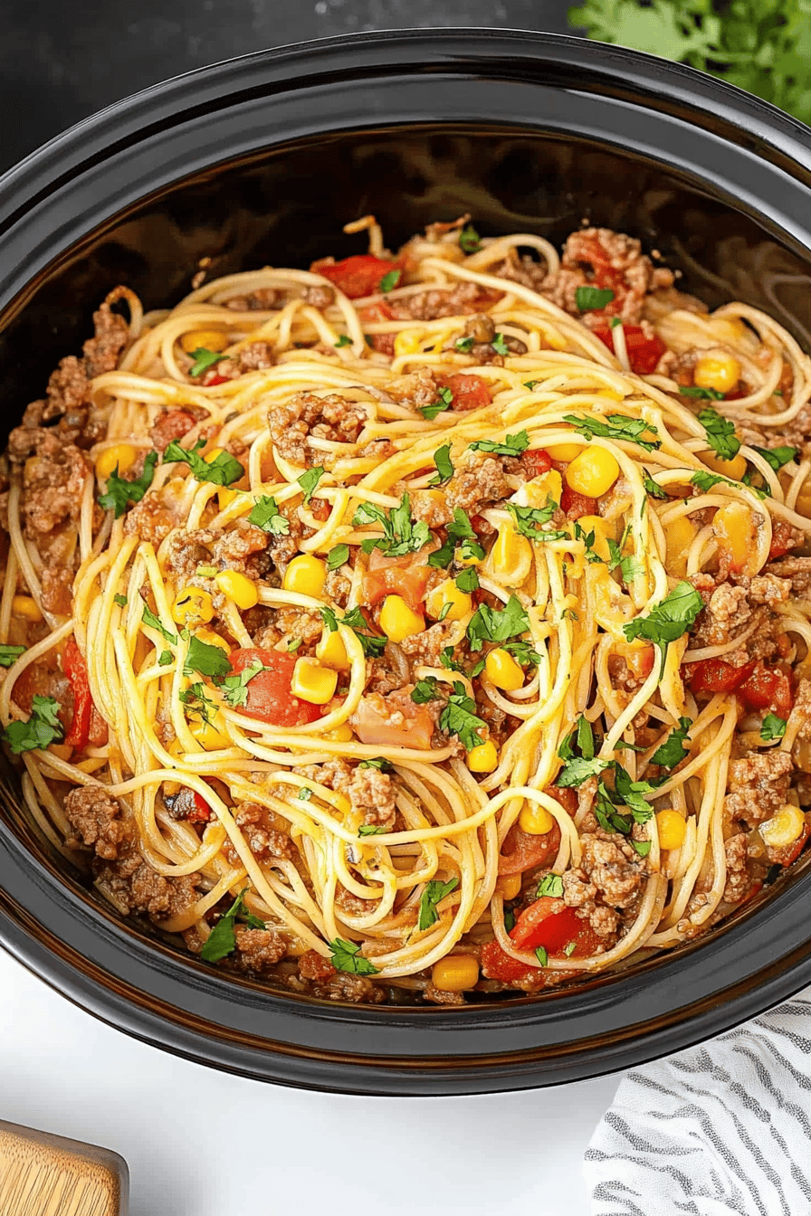 Crockpot Taco Spaghetti final dish beautifully presented and ready to serve