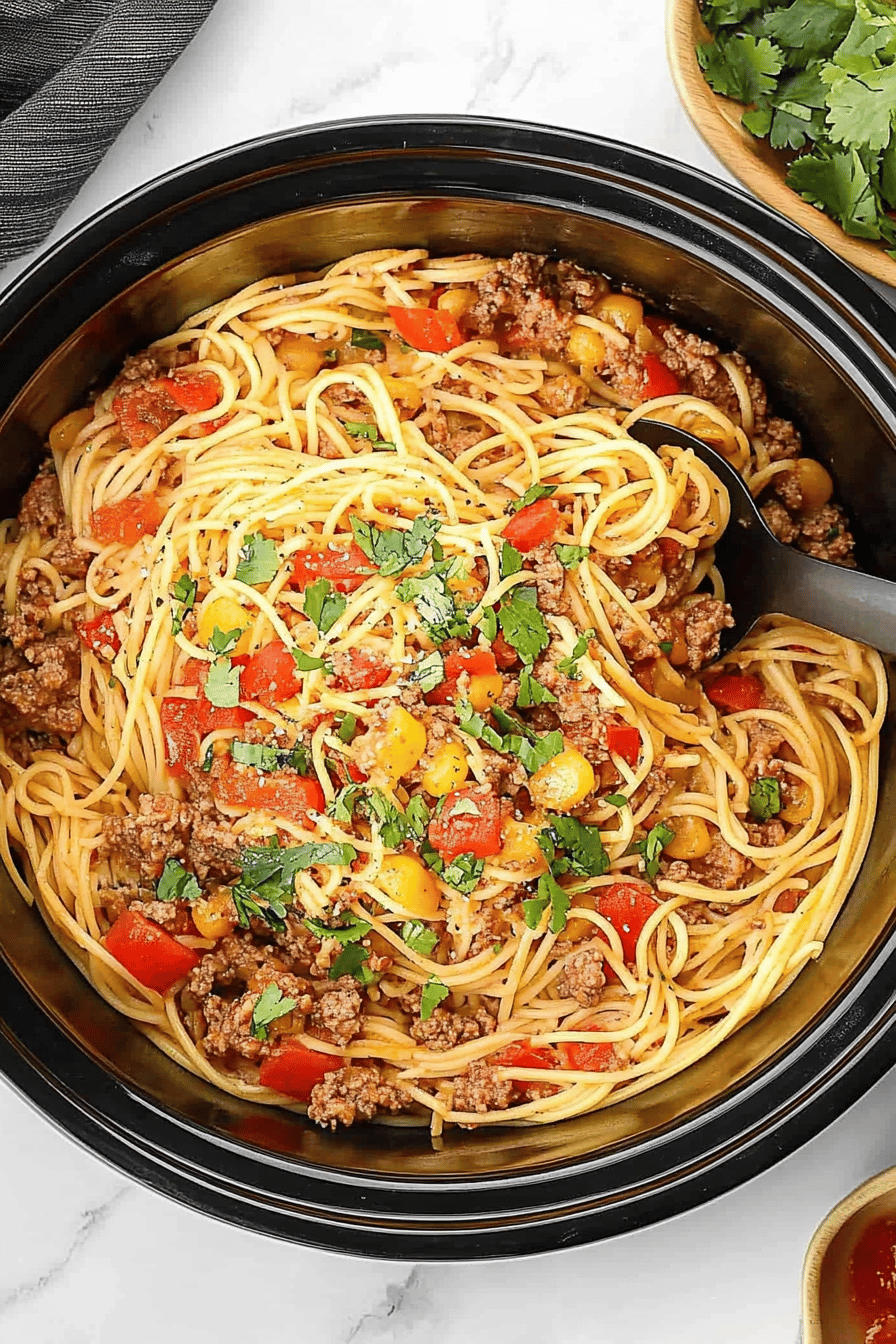 Crockpot Taco Spaghetti ingredients organized and measured on kitchen counter