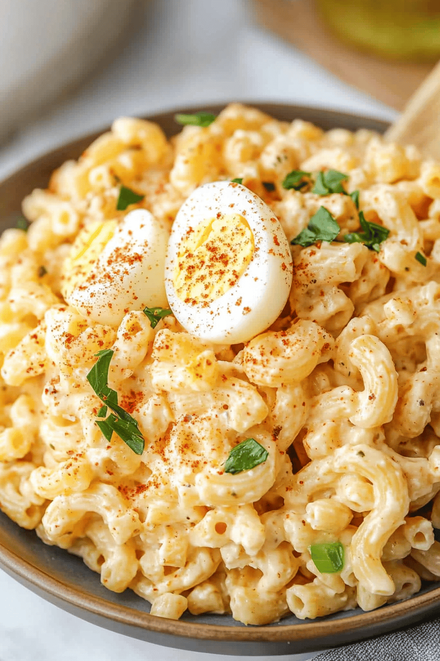 Deviled Egg Pasta Salad final dish beautifully presented and ready to serve