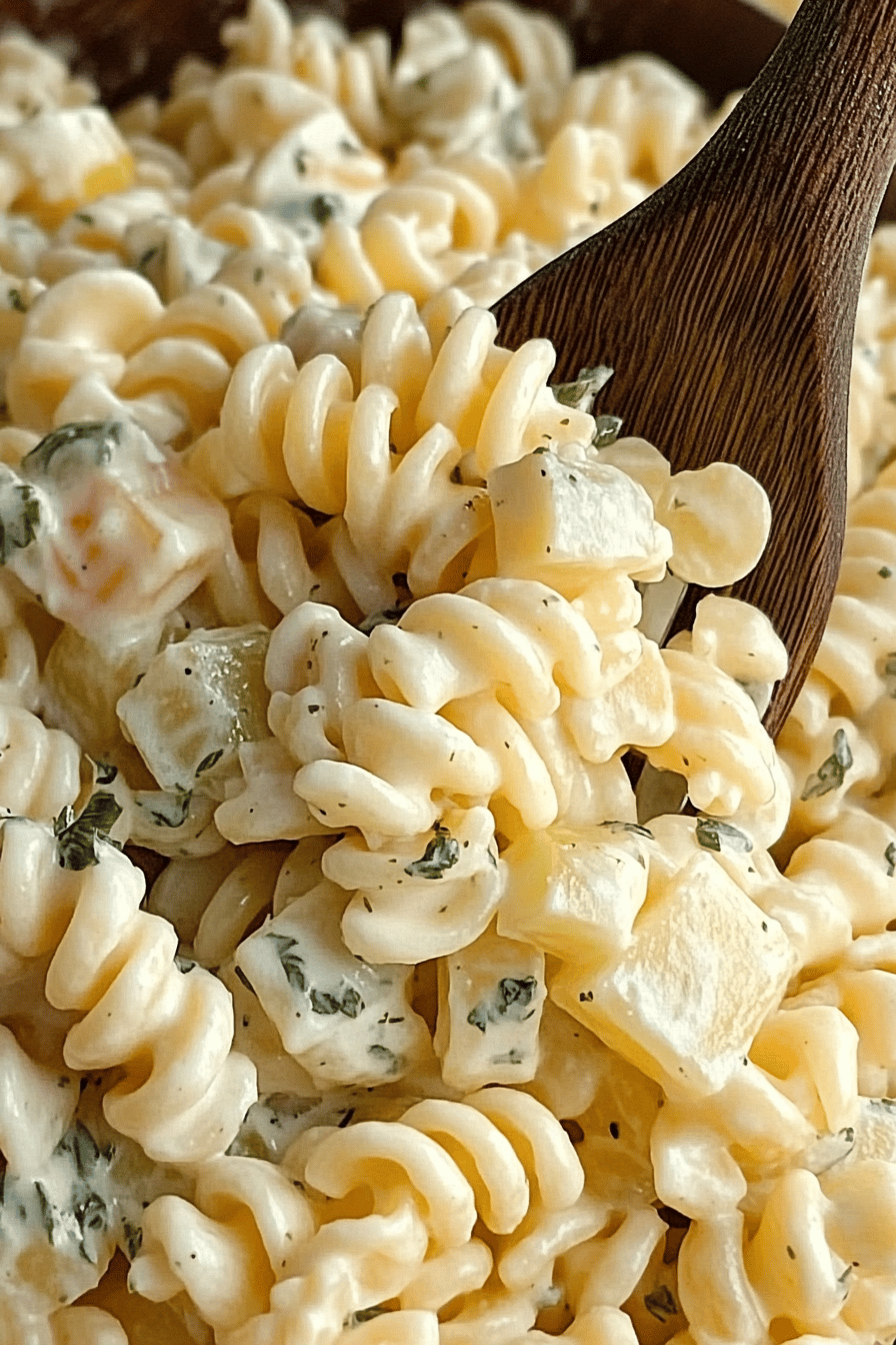 Dill Pickle Pasta Salad final dish beautifully presented and ready to serve
