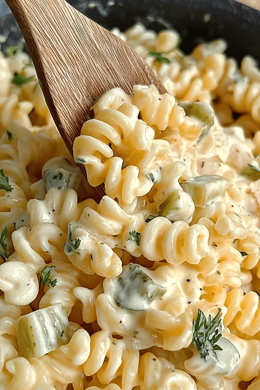 Dill Pickle Pasta Salad ingredients organized and measured on kitchen counter