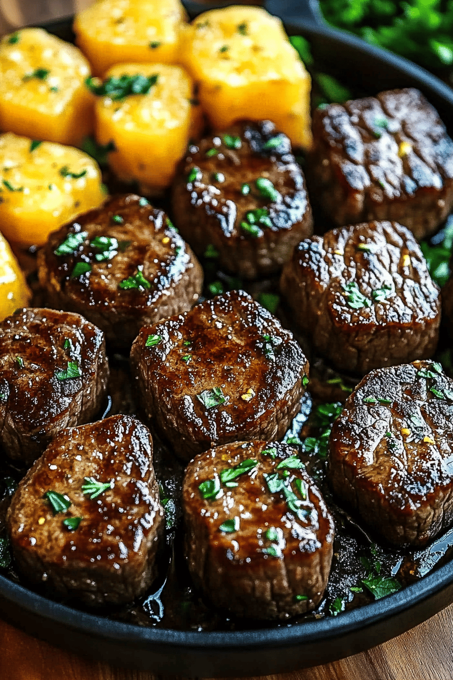 Garlic Butter Steak Bites ingredients organized and measured on kitchen counter