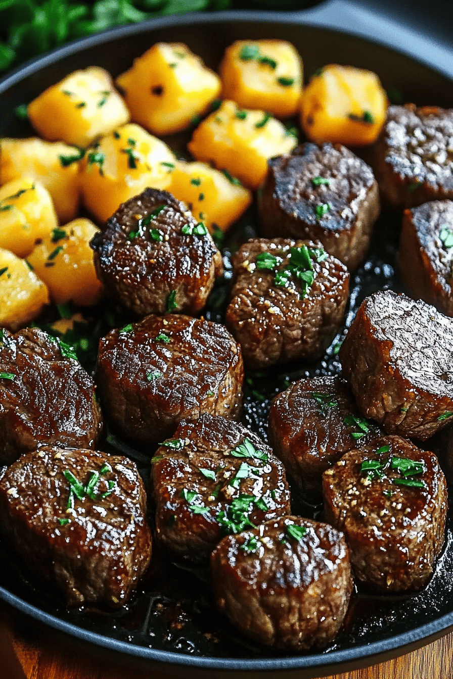 Garlic Butter Steak Bites final dish beautifully presented and ready to serve