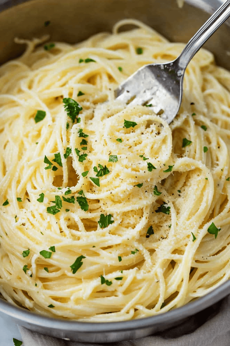 Garlic Parmesan Pasta final dish beautifully presented and ready to serve