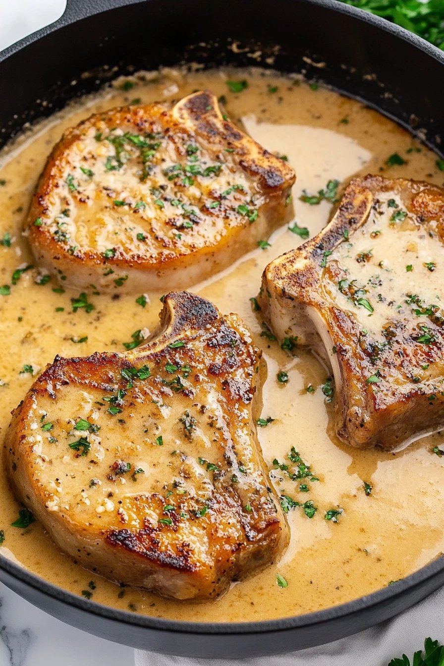 Garlic Parmesan Pork Chops slice on plate showing perfect texture and swirl pattern