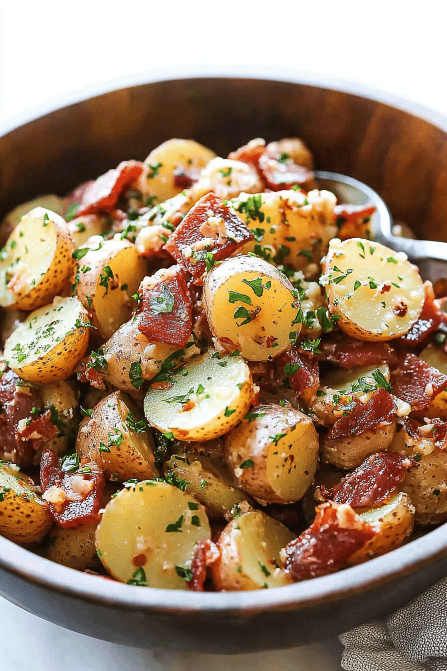 German Potato Salad Recipe slice on plate showing perfect texture and swirl pattern