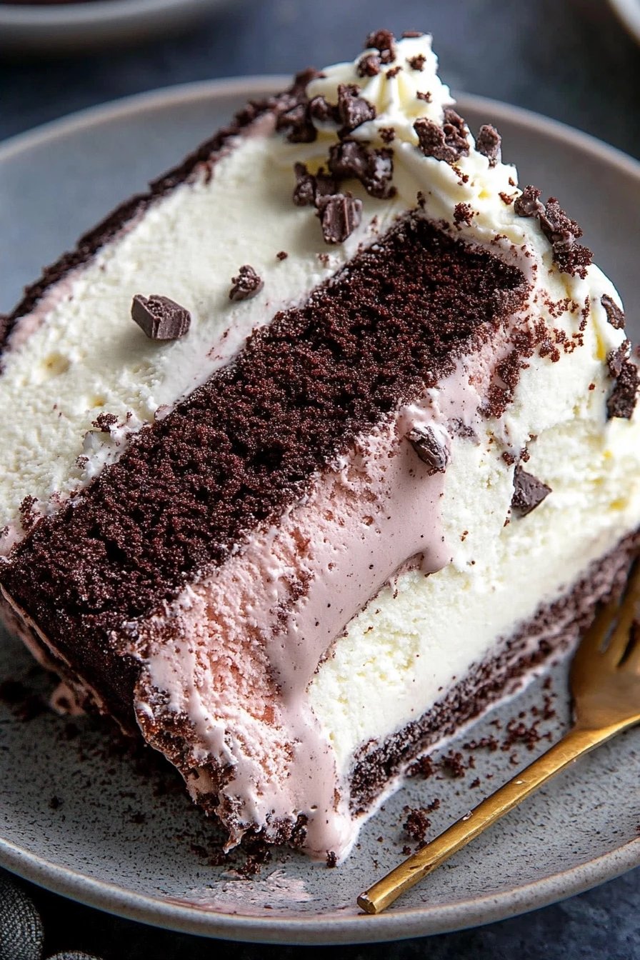 Gluten-Free Ice Cream Cake slice on plate showing perfect texture and swirl pattern