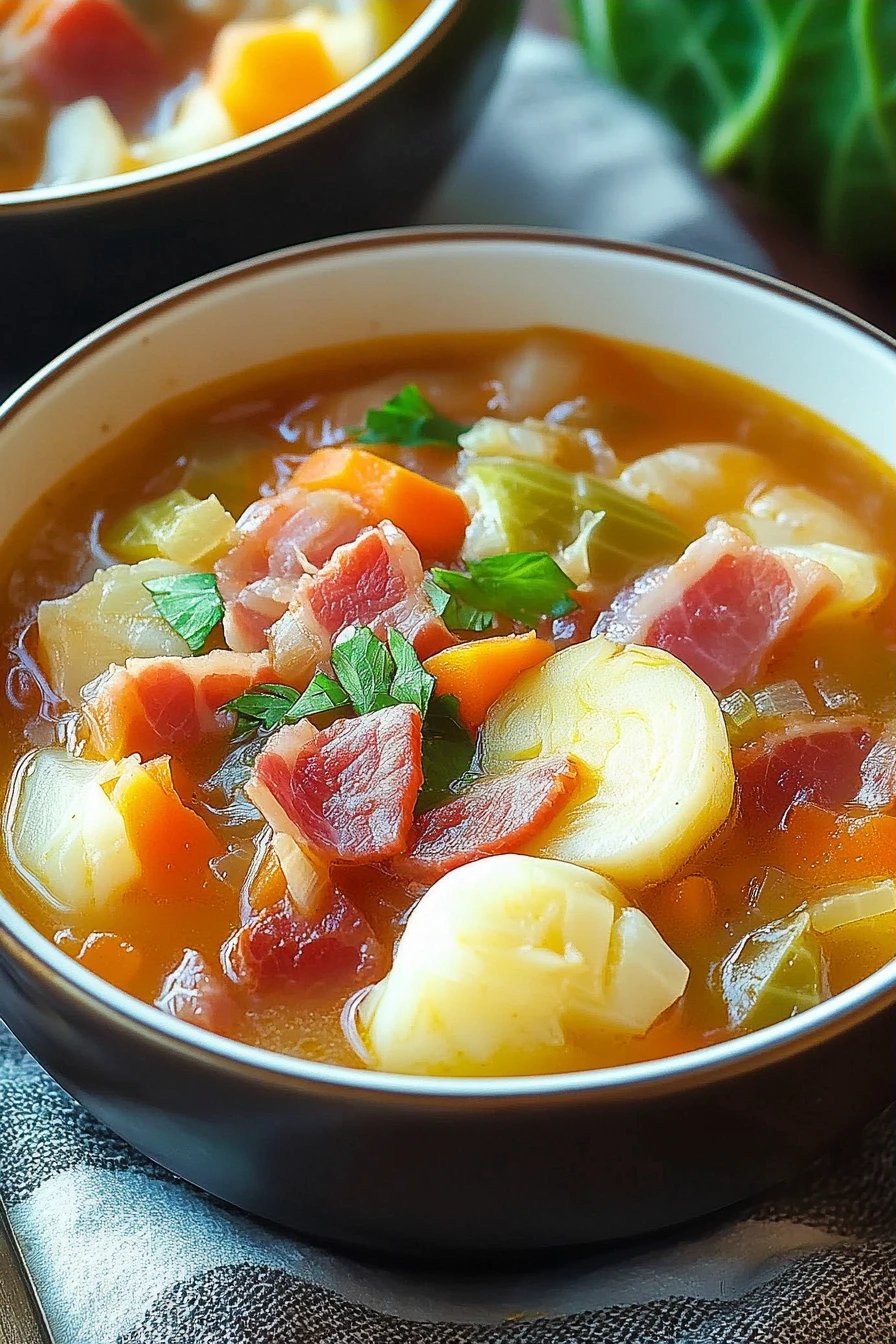 Irish Bacon Cabbage Soup slice on plate showing perfect texture and swirl pattern