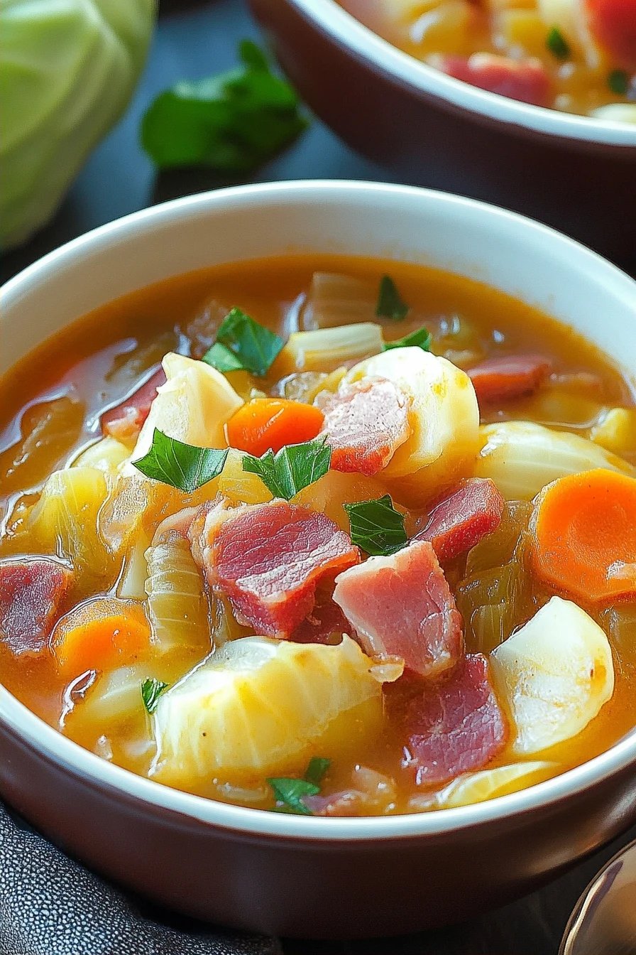 Irish Bacon Cabbage Soup final dish beautifully presented and ready to serve